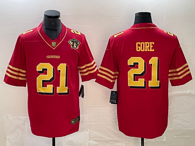 Men's San Francisco 49ers #21 Frank Gore Red Gold With 75th Patch Vapor Untouchable Limited Stitched Jersey